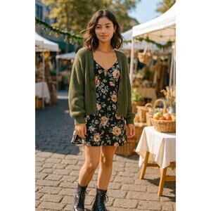 Vintage Dentelle Satin Floral Black Slip Dress night gown medium USA made